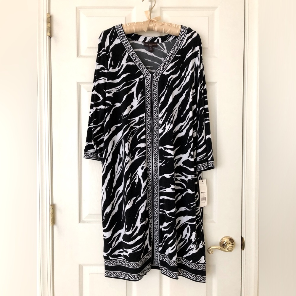 NWT Dana Buchman Animal Print V-Neck 3/4 Sleeve Shift Dress Black White Size 1X